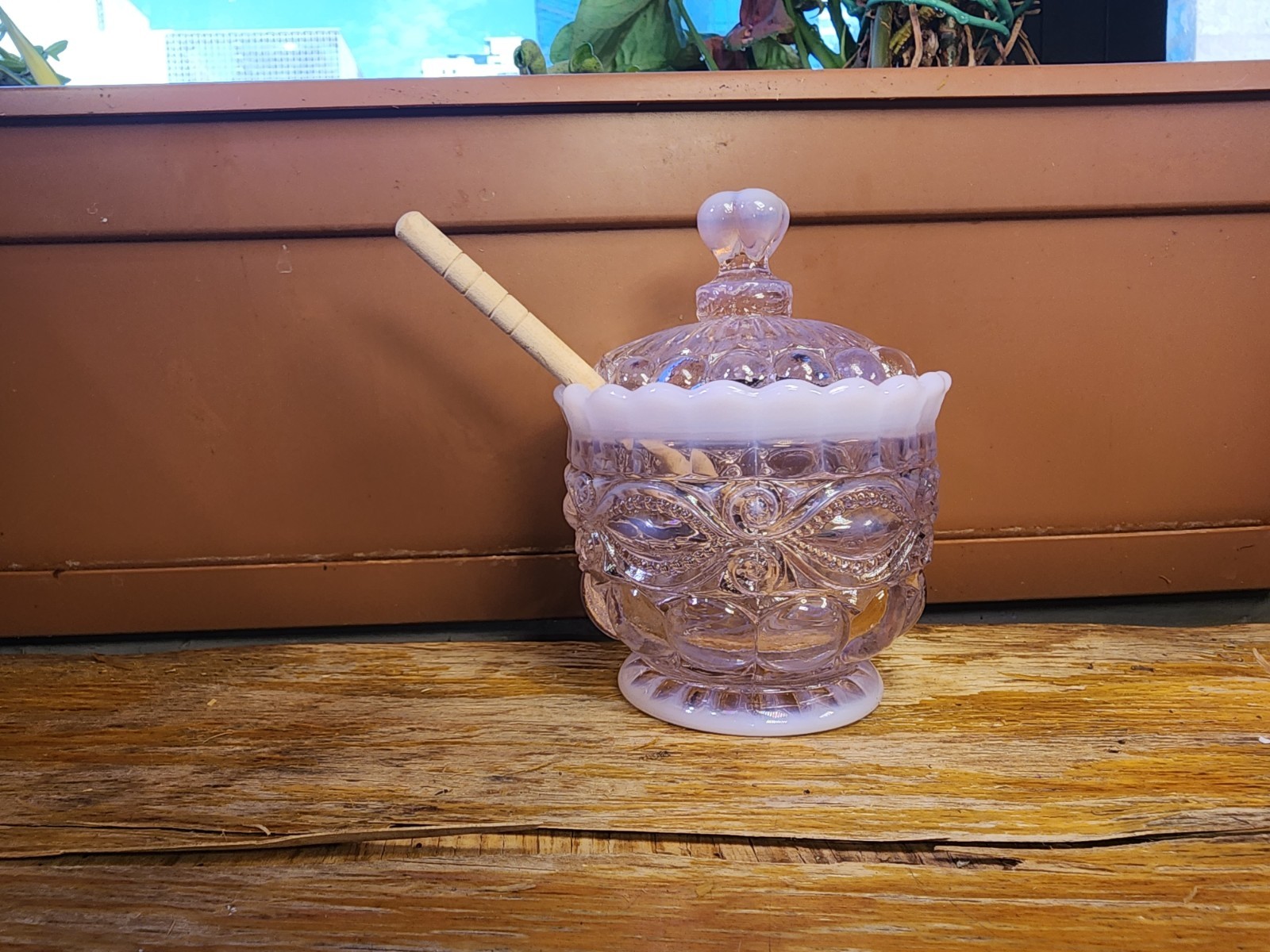Mosser Eye Winker Pink Opalescent Honey Jar & Dipper Ohio USA Gift Sugar