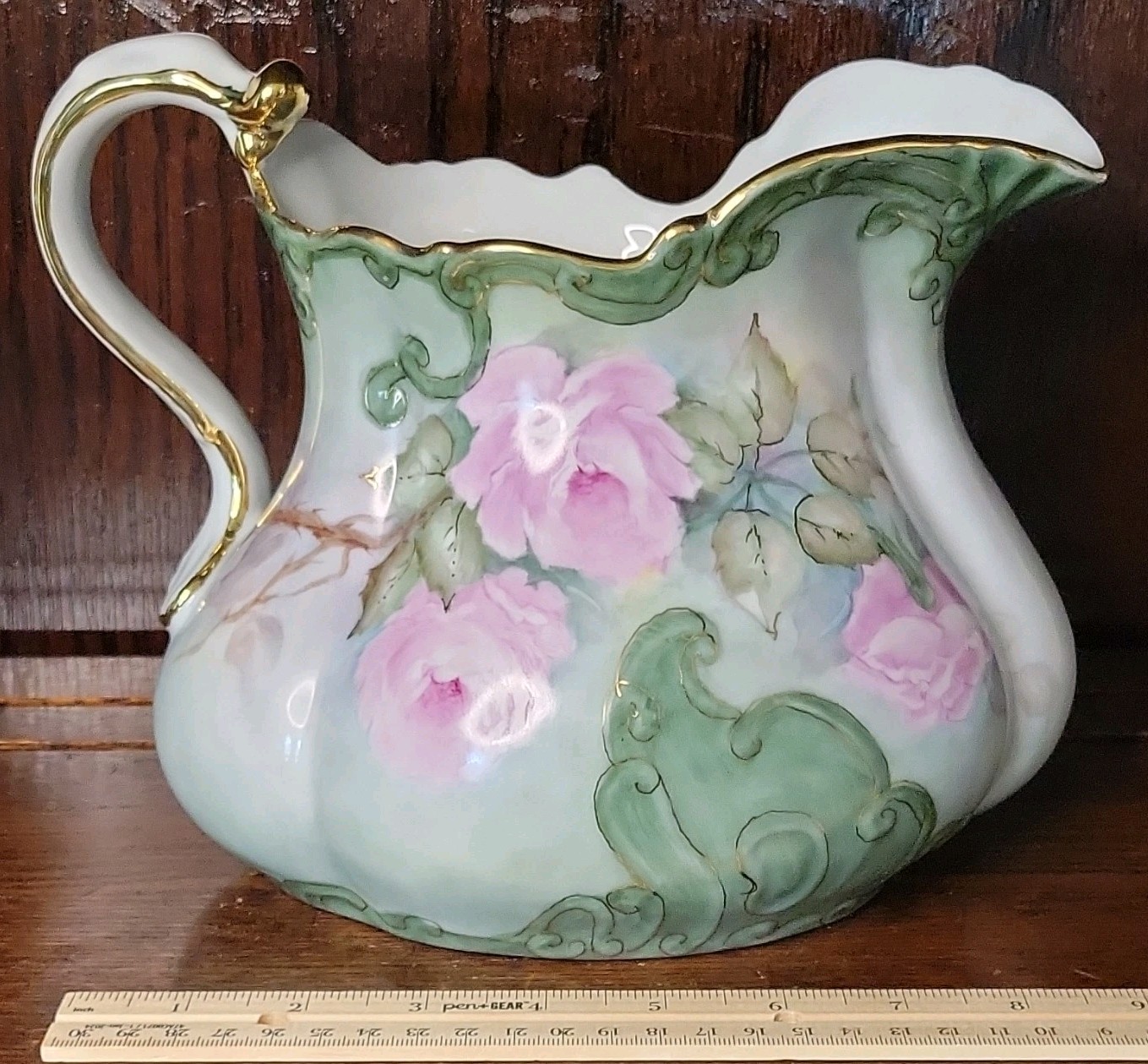 Lefton Heritage Roses Porcelain Pitcher White Pink Green Gold Trim