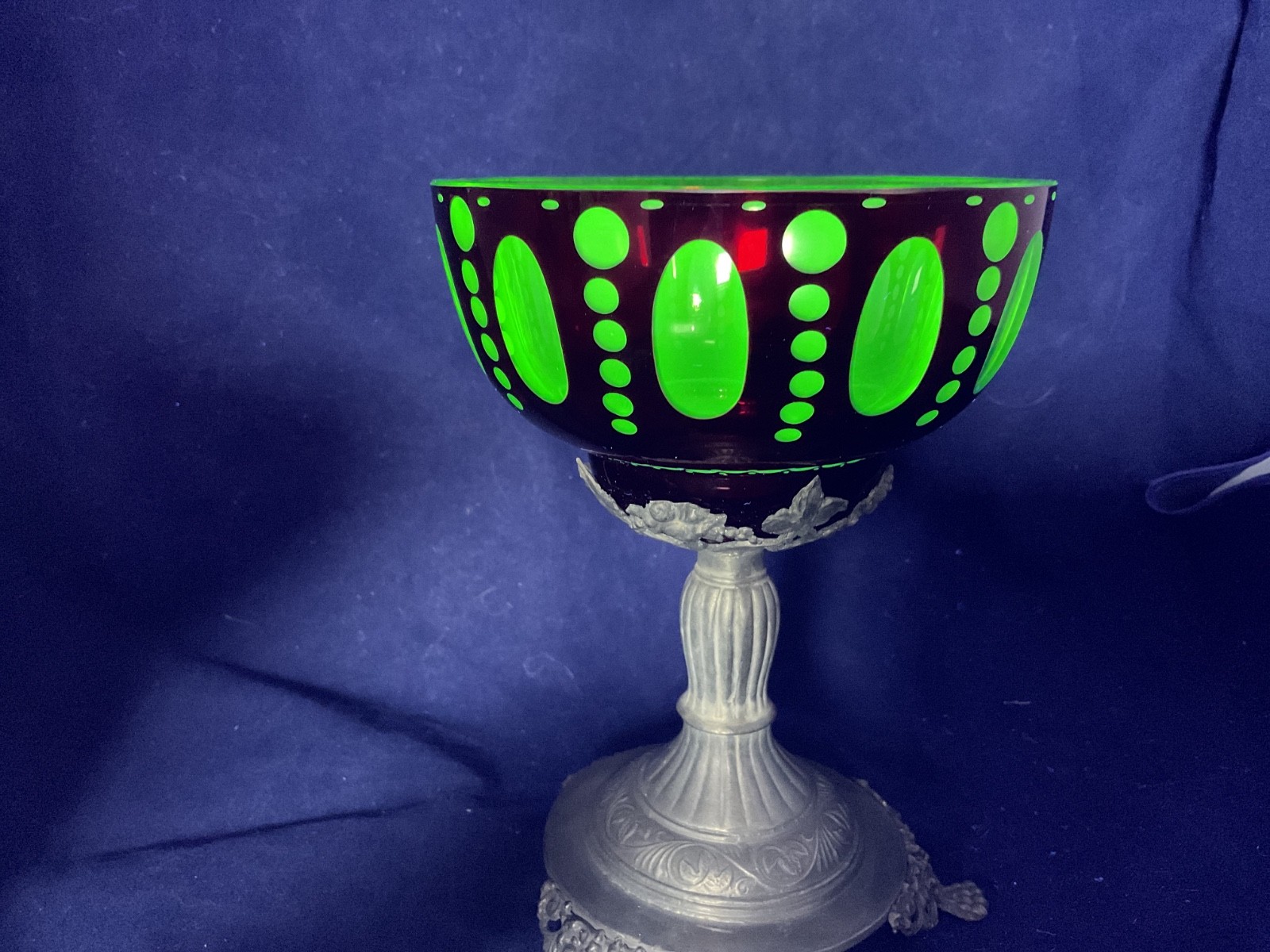 uranium vaseline glass Egermann hand cut and engraved bowl on pewter base