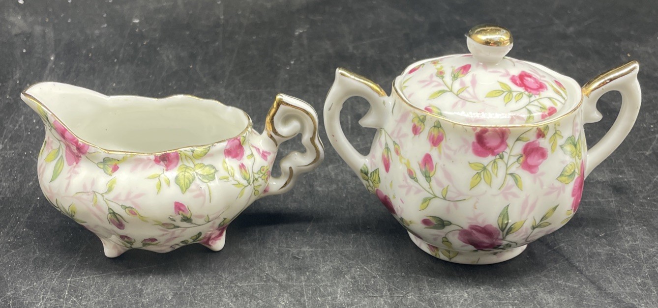 Vintage Lefton Rose Chintz Gold Leaf China Creamer and Sugar Bowl with Lid
