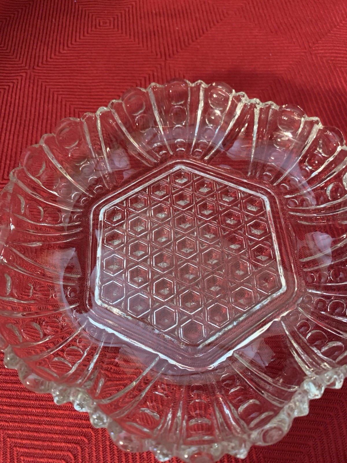 Anchor Hocking Clear Glass Vintage Dish with Hexagon and Dot & Cane Pattern 7.5”