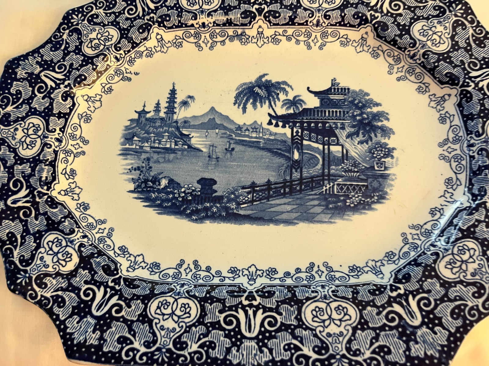 Vintage J.M. EDWARDS “Erford” Octagonal Blue & White Platter 10 1/2 by 14 inches