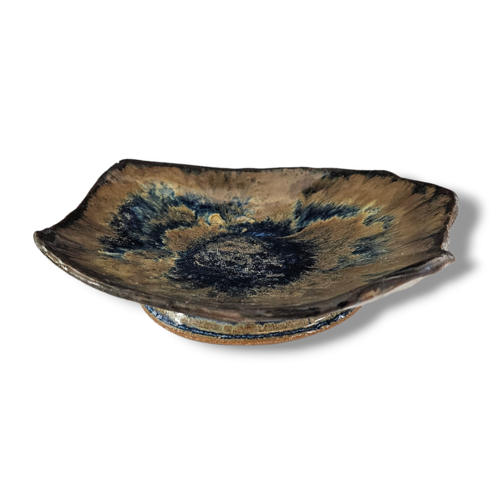 Vintage Studio Art Pottery Raised Footed Bowl Ceramic Blue Brown Signed 8.5″