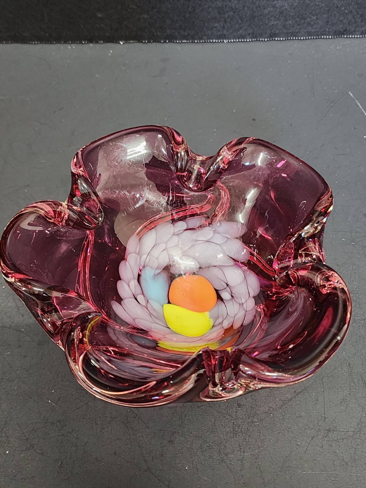 Bohemian Glass Bowl Pinched Side Purple Orange Swirled Bottom