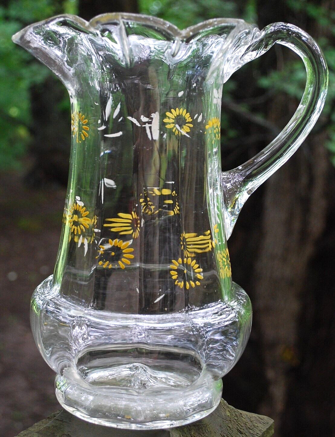Antique Victorian PITCHER Clear Optic Glass FLORAL ENAMELED DAISIES Petal Rim