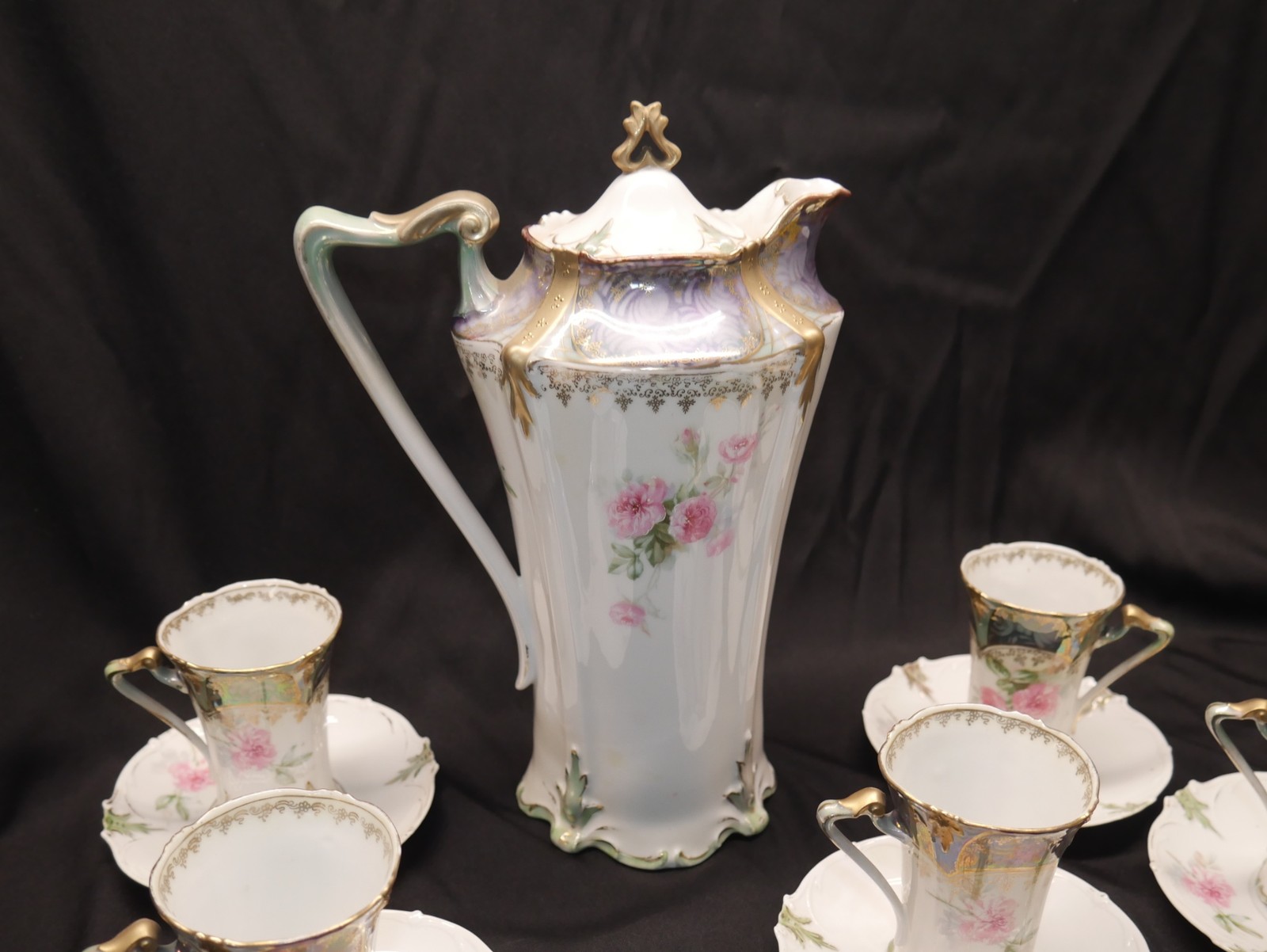 11pc ANTIQUE RS PRUSSIA hand painted FLORAL GOLD CHOCOLATE POT CUP & SAUCER set