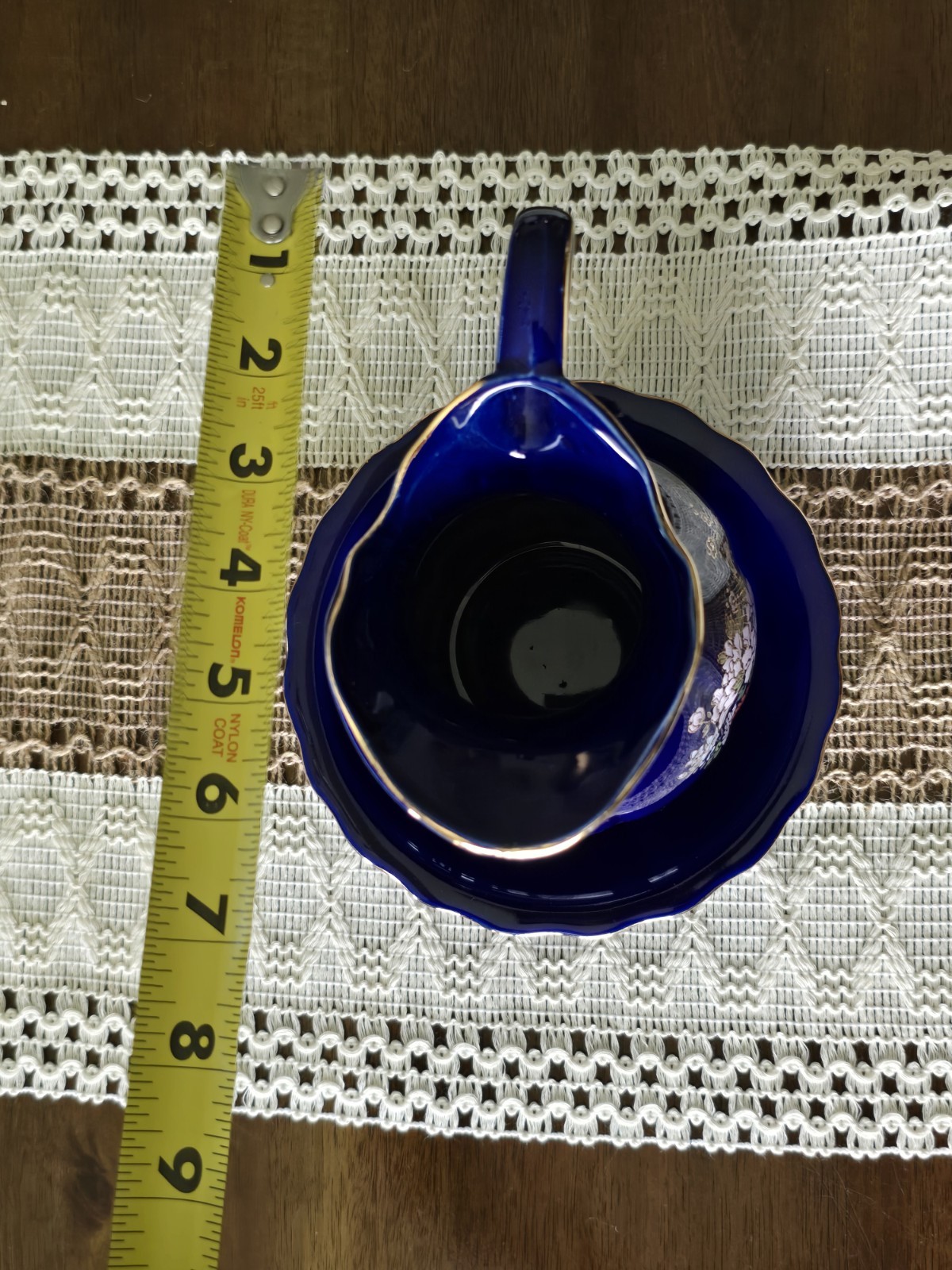 Vintage Cobalt Blue Porcelain Creamer Pitcher Gold Trim Floral w Saucer