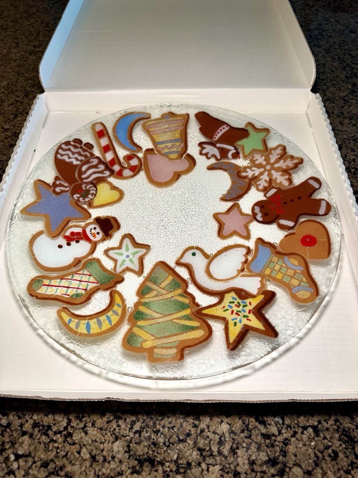 Peggy Karr Glass Serving Plate Platter Christmas Holiday Cookies 15.5” Tree Bell