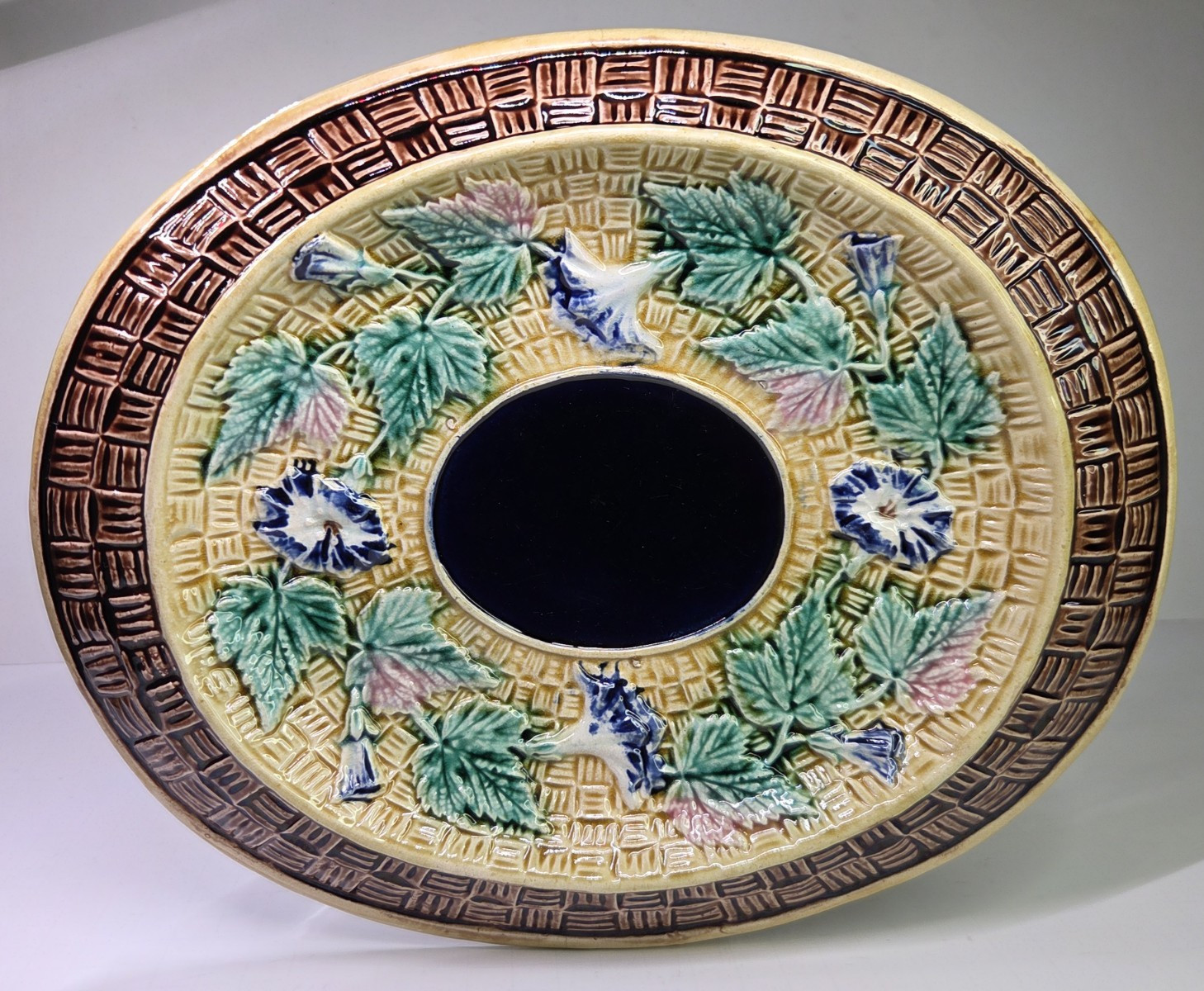 Antique Oval Majolica Basket Weave Footed Platter Floral Bread Bowl Cobalt 12¾”