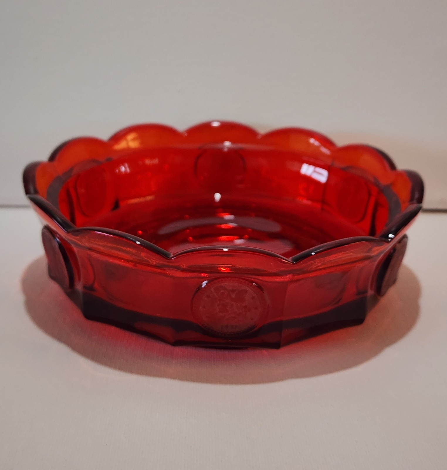 Vtg.Fostoria Coin Glass Ruby Red Covered Candy Dish w/Liberty Emblems 6.5Wx4.25H