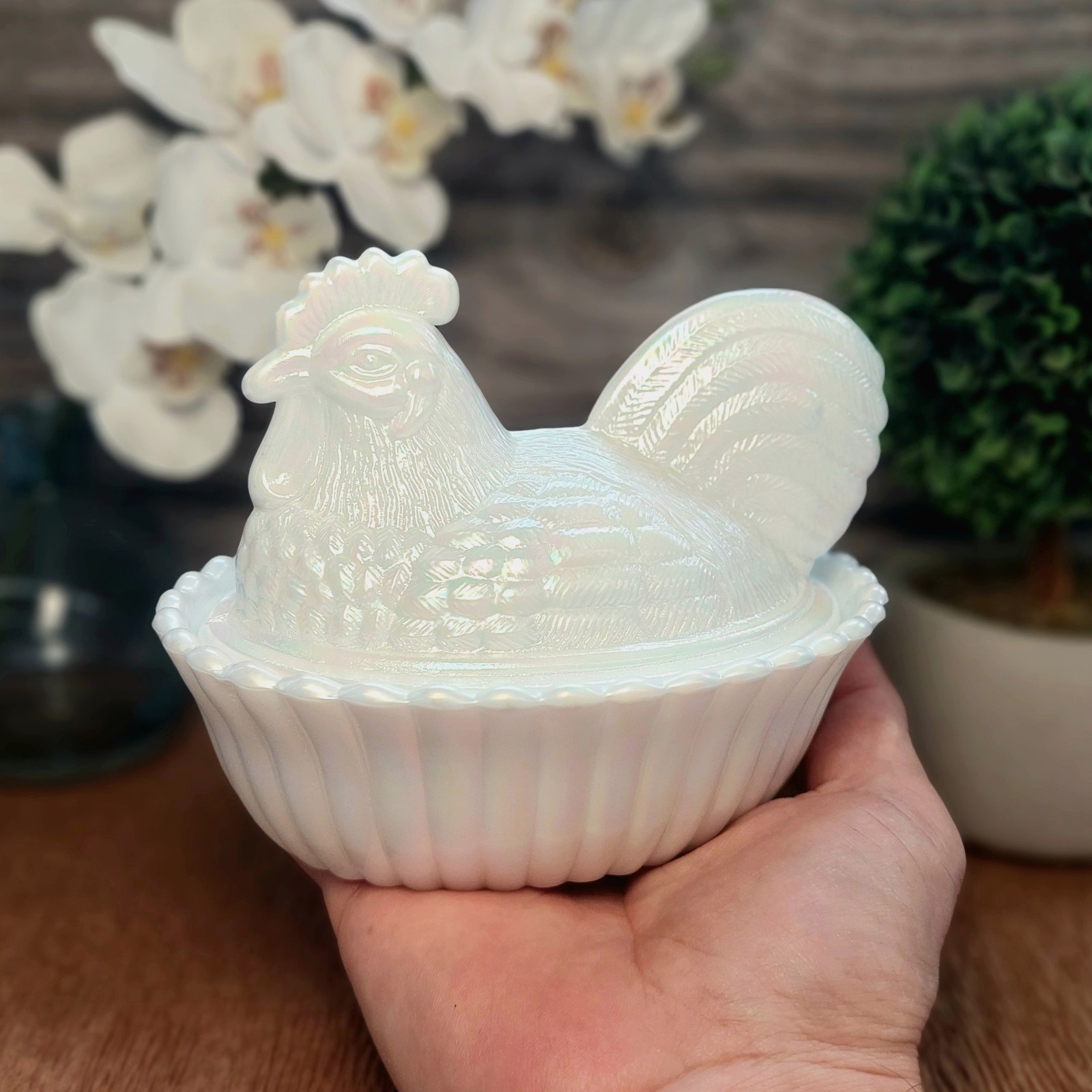 Pearl Carnival Glass Rooster Hen on Nest Chicken Candy Dish, Depression Style