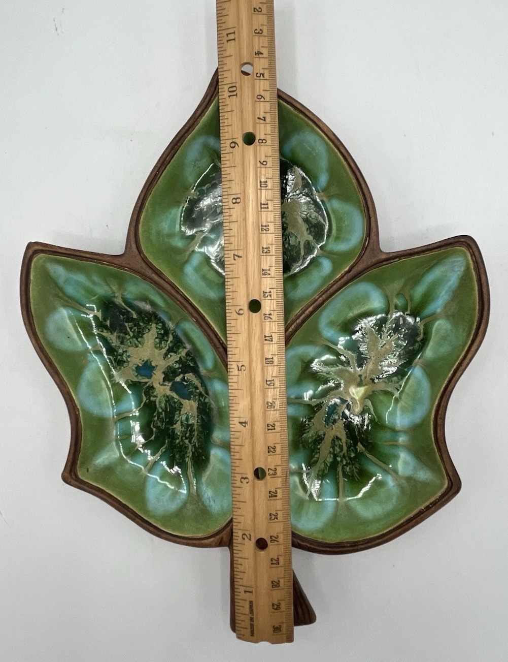Vtg Treasure Craft Divided Section Leaf Dish Candy Trinket Green Teal Drip Glaze