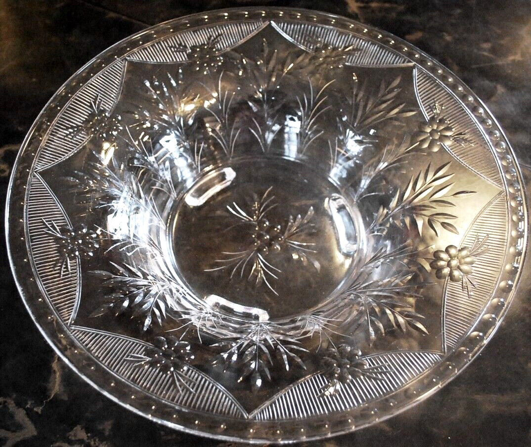 Vintage ROCK SHARPE Crystal FOOTED WIDE BOWL Clear Cut Floral & Dots 12.25″ EXC