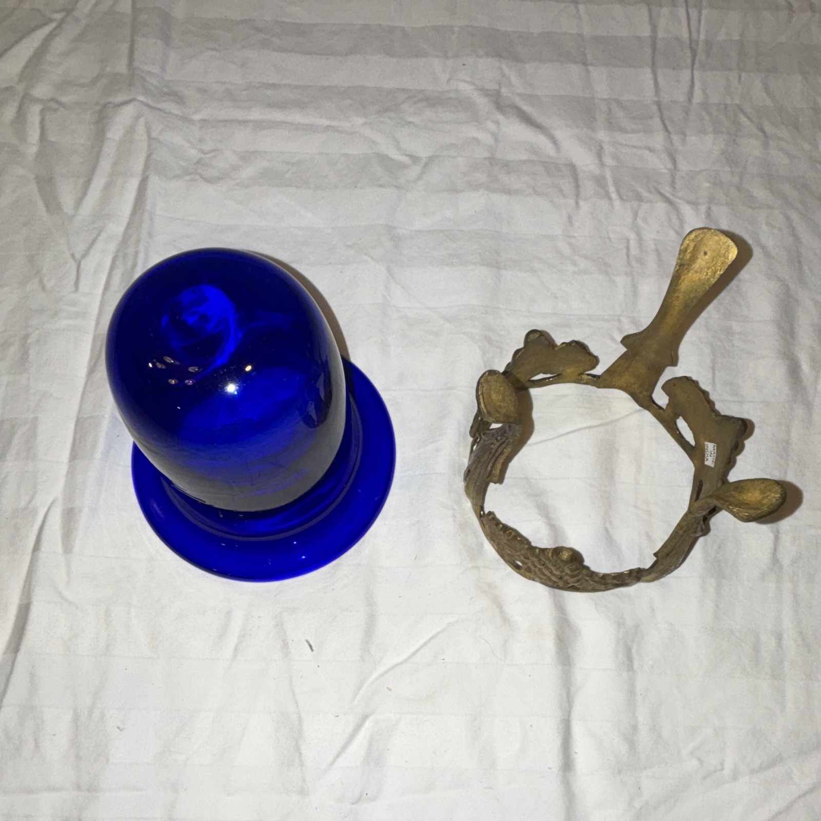 Cobalt Blue Glass Bowl Insert w/ Gold-Tone Metal Grape Stand Holder 6in