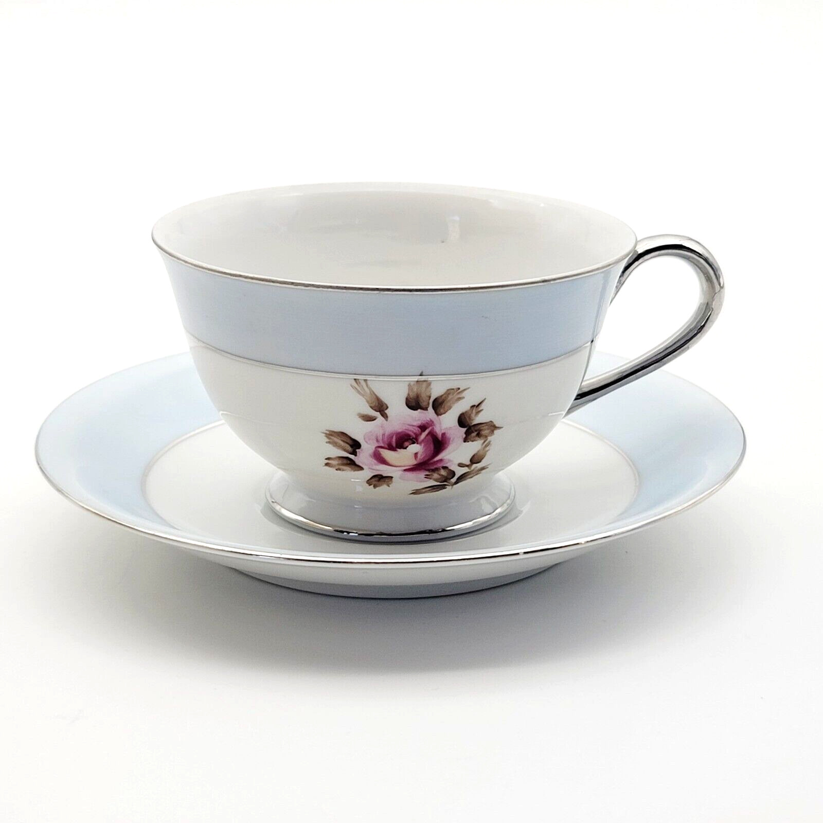 Vintage Fujiyama Yokohama Cup and Saucer Japan Rose Blue Silver Trim Floral