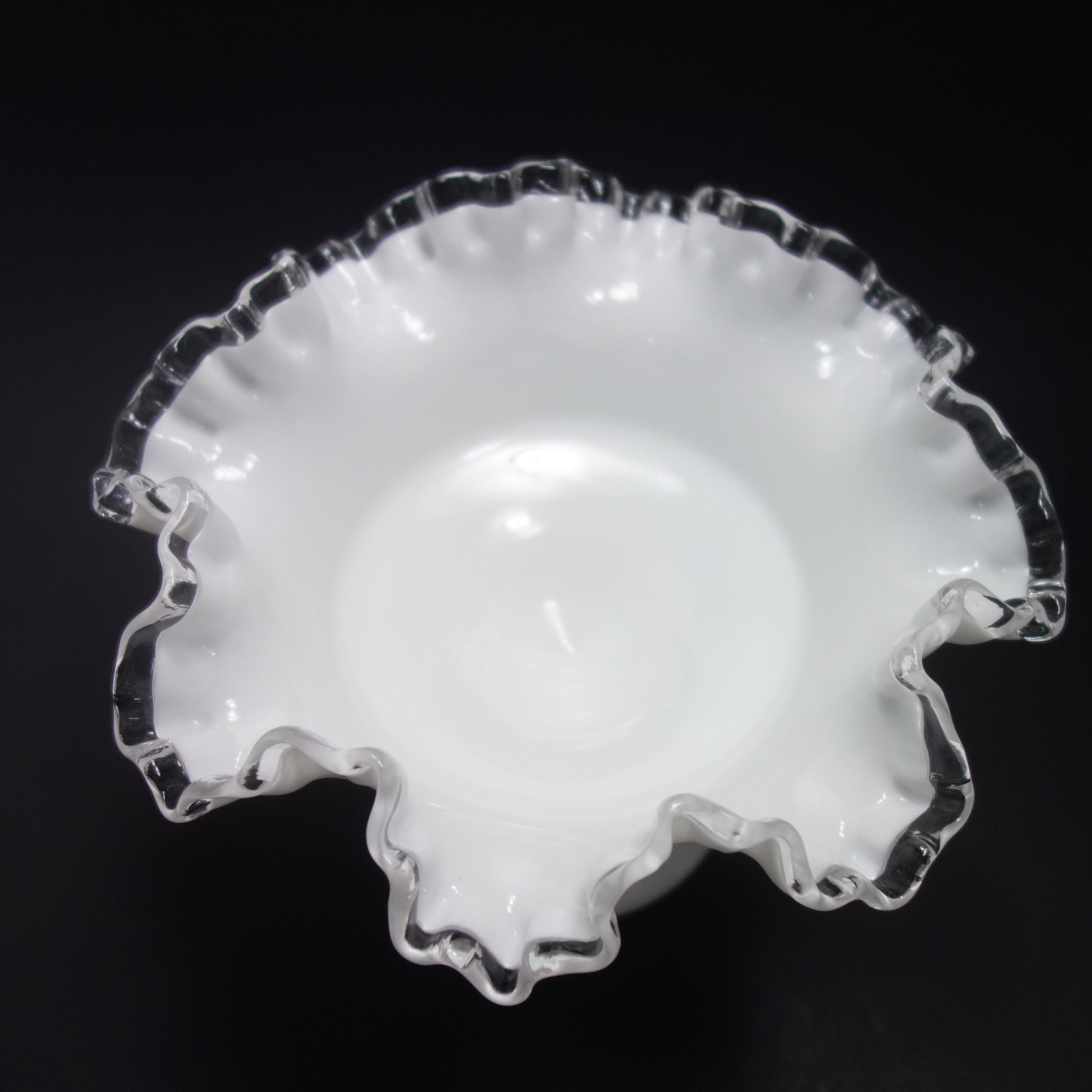 Vintage Fenton Silver Crest Milk Glass Footed Pedestal Bowl Ruffled Edge 6″ Tall