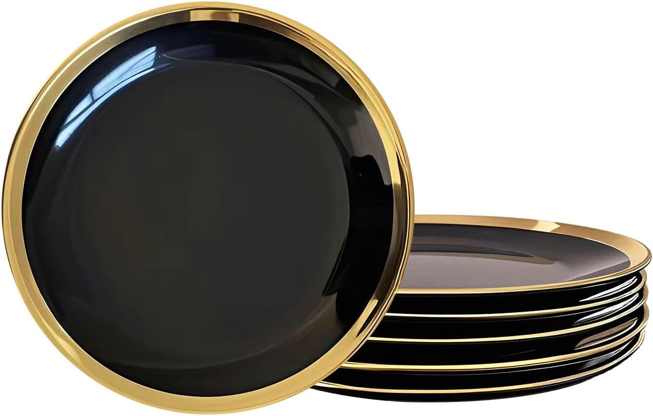 Dinner Plates, Set of 6, 8 Inch, Black Porcelain with Gold Trim, Small Plates, B