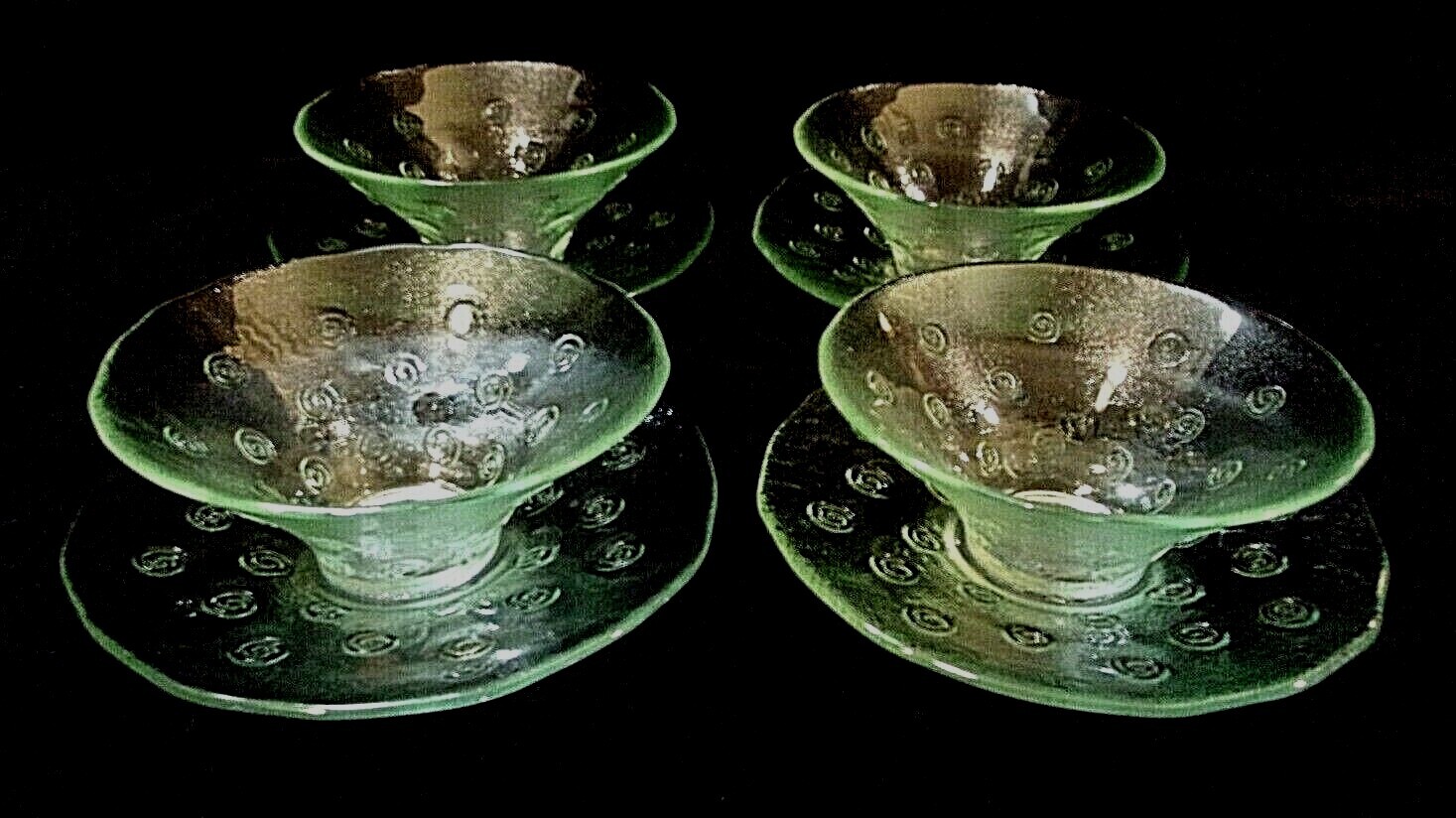 FOUR PIECE SET of GREEN TINTED GLASS BOWLS with MATCHING SAUCERS – SPIRALS!!