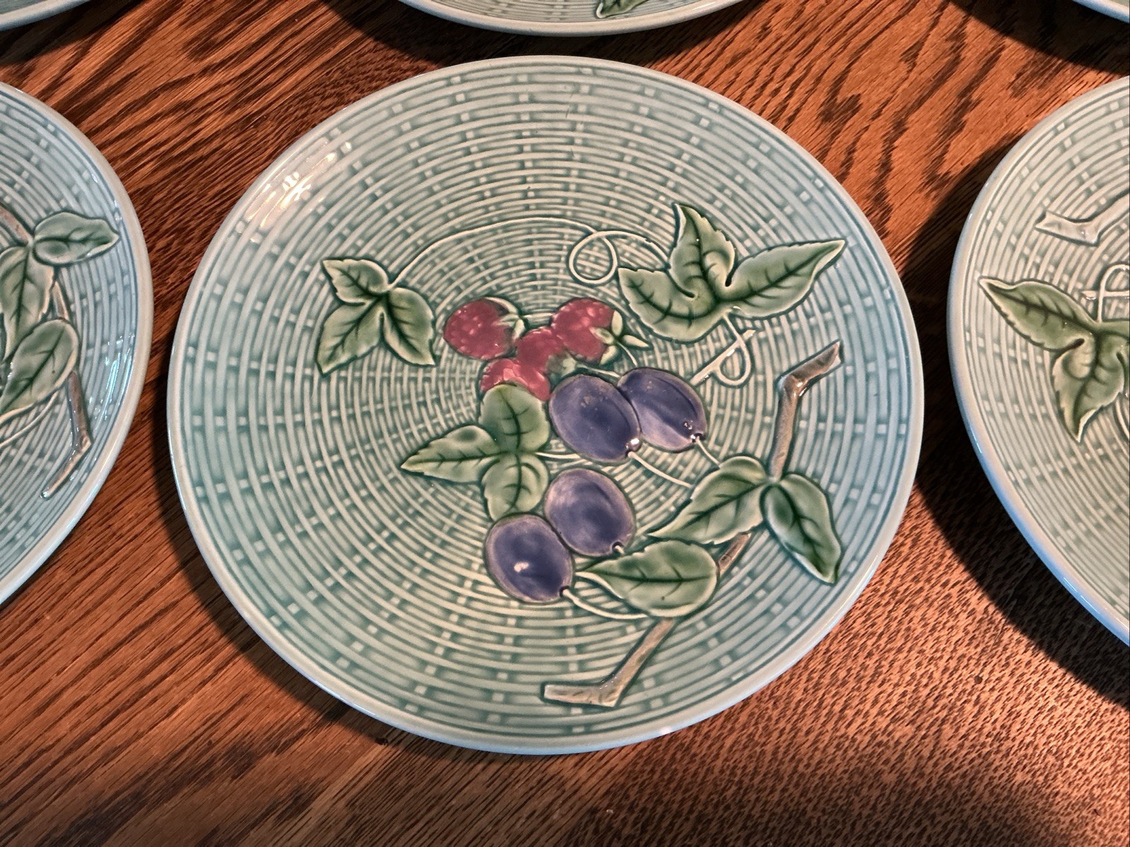 Set Of SIX Majolica Plates Teal Aqua Raspberry Plumb 2230 B Germany Weave 7.75”