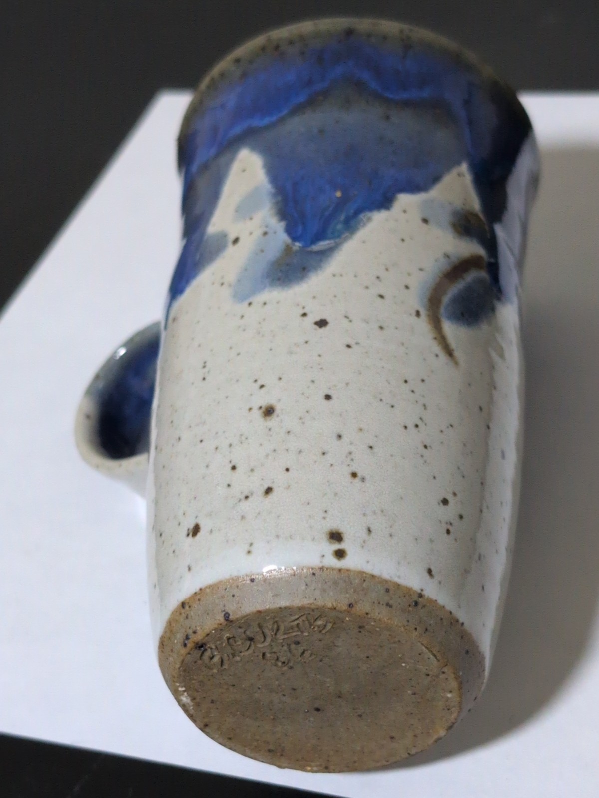 Studio Art Pottery Mugs Blue,Tan, Gray, Signed 1986 Glazed! Lot Of 2