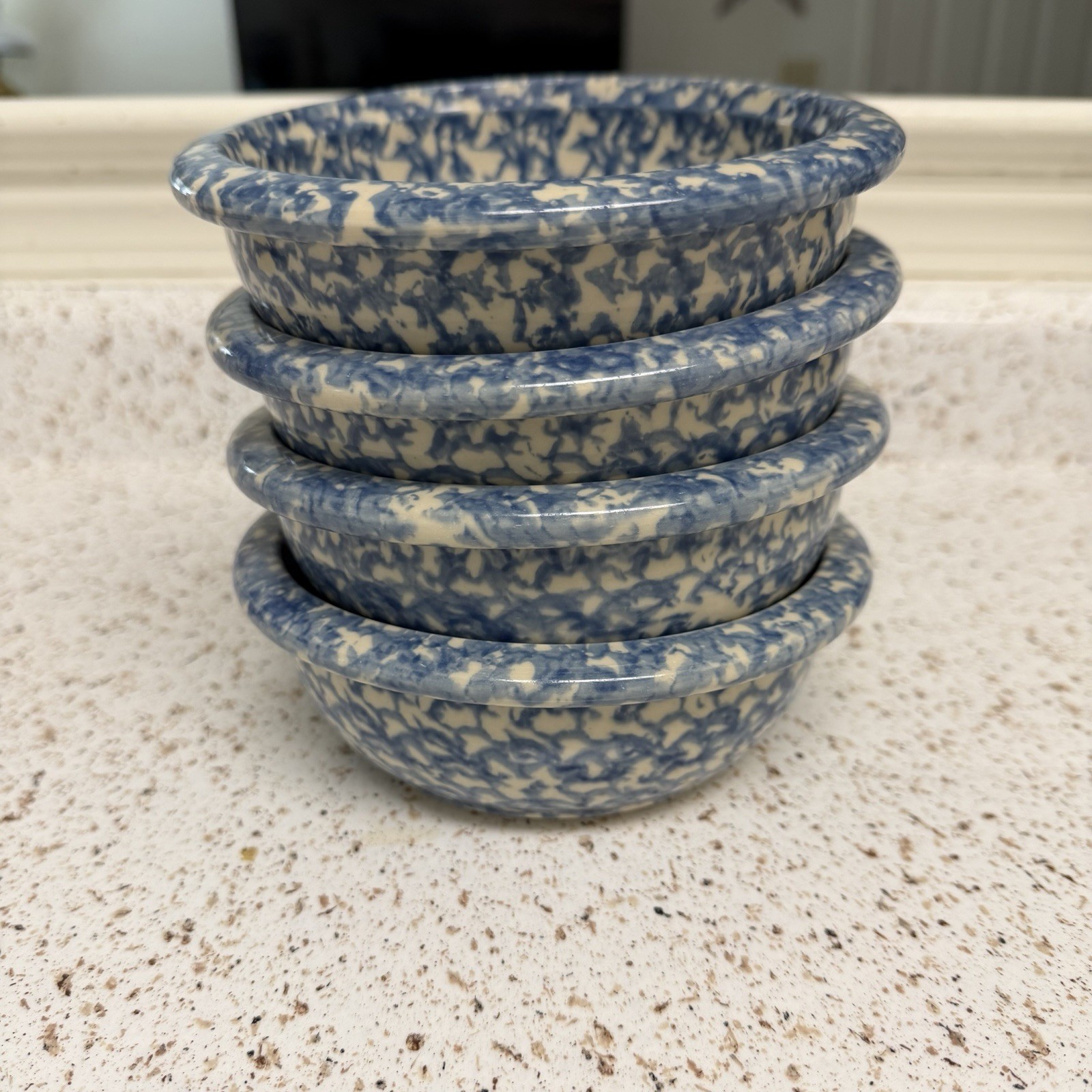 Blue Spongeware Pottery Roseville OH Cereal Soup Bowls 6.5″ Set of 4 USA Vintage