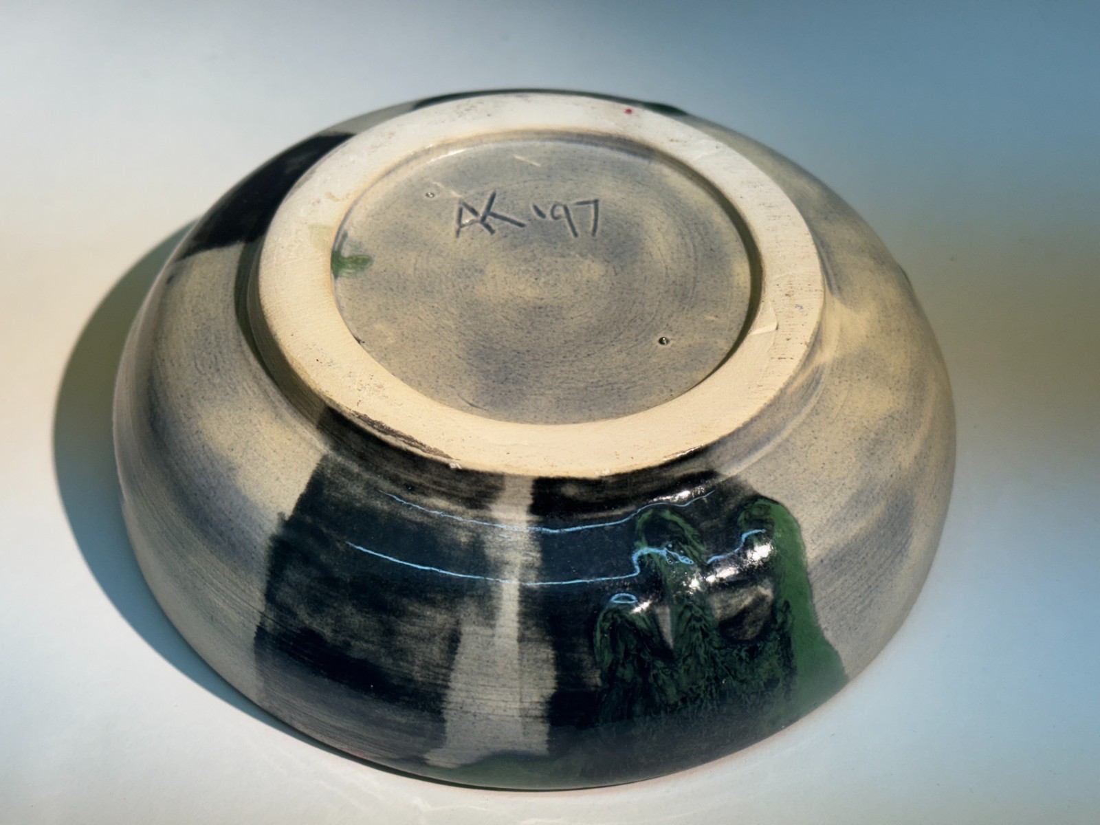 AK A.K. SIGNED ABSTRACT DRIP GLAZE STUDIO POTTERY BOWL HEAVY MATERIAL DATED 1997