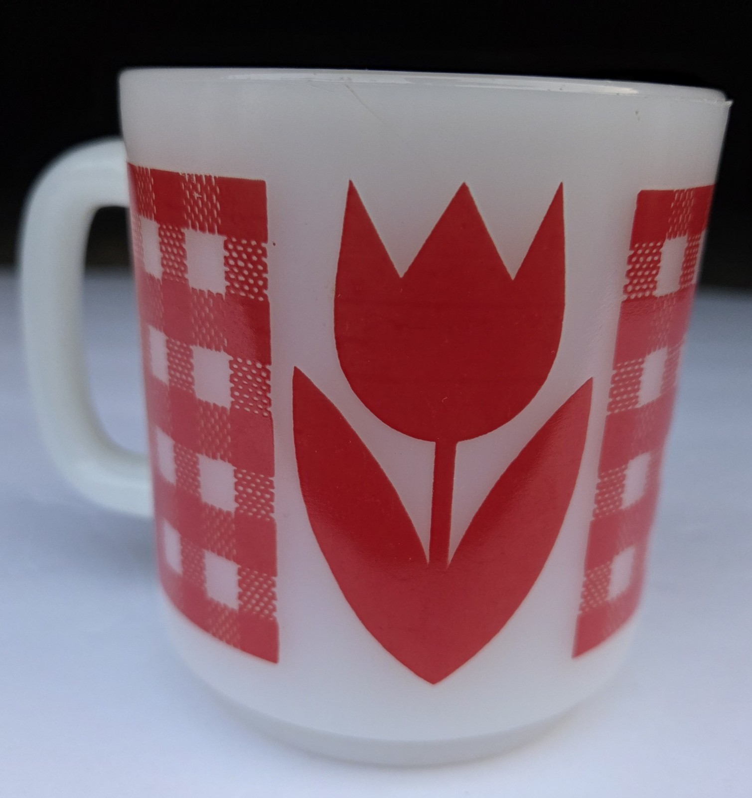 Vtg Termocrisa?Jeannette Glasbake? Coffee Mug Red Tulip Gingham 1960’s-70’s
