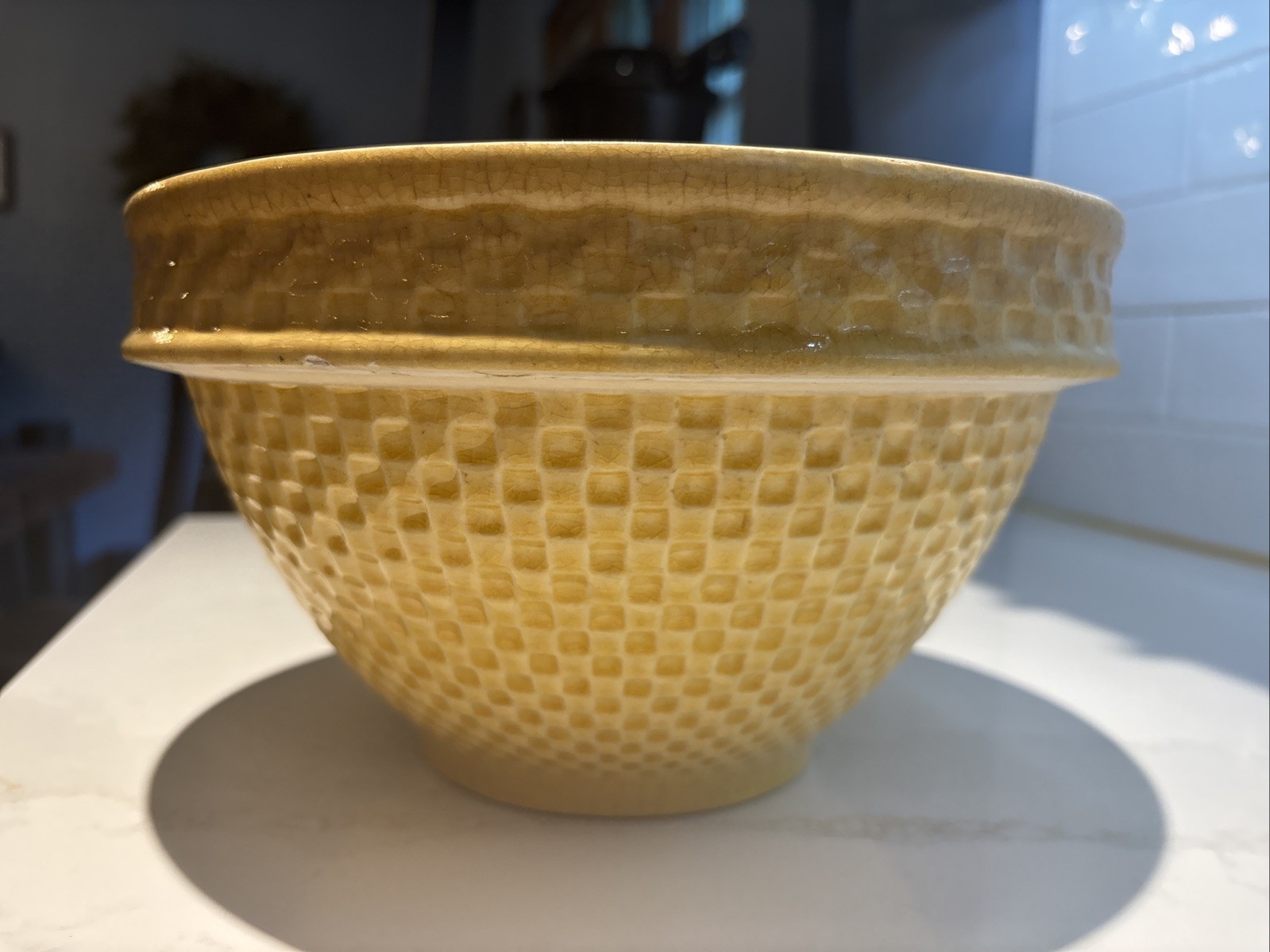 Antique Rare McCoy Yellow Ware Pottery 10.25 Inch Checkerboard Large Mixing Bowl