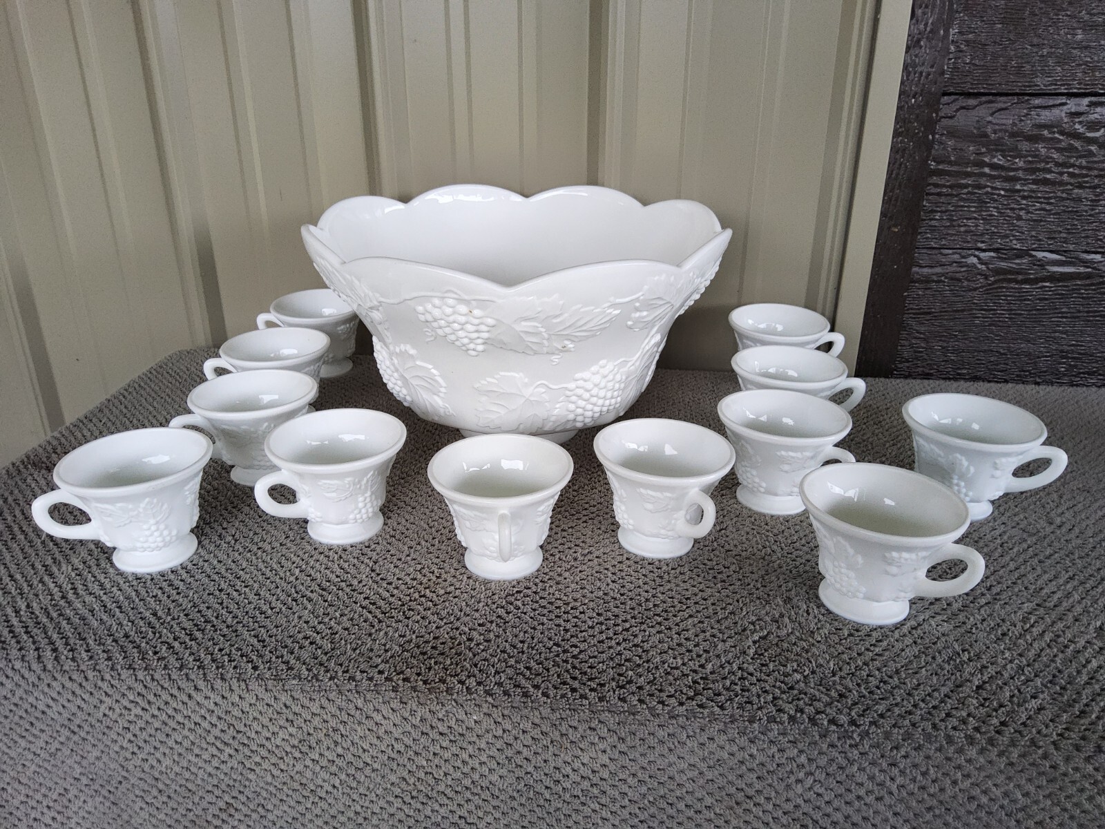 Vintage- COLONY Harvest Milk Glass Punch Bowl And Cup Set