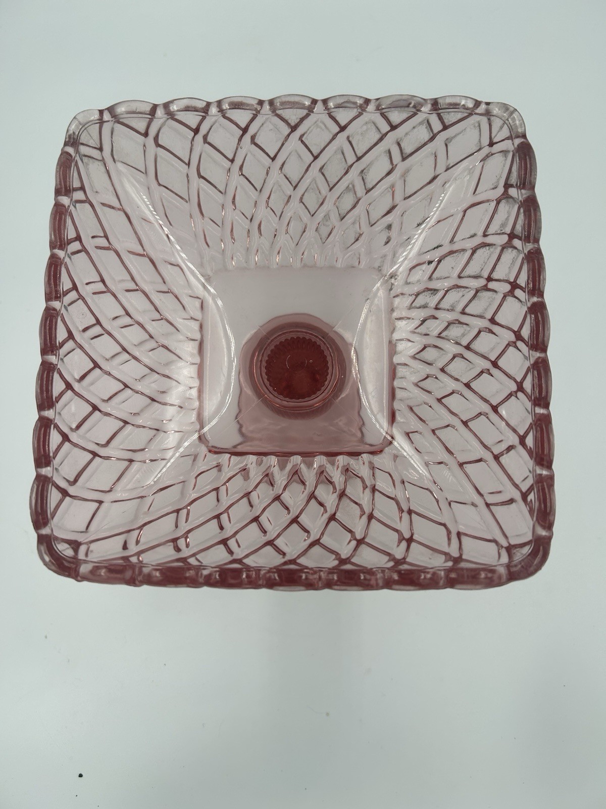 Pink Glass Square Pedestal Compote Dish, Diamond Pattern, 8 in x 8 in