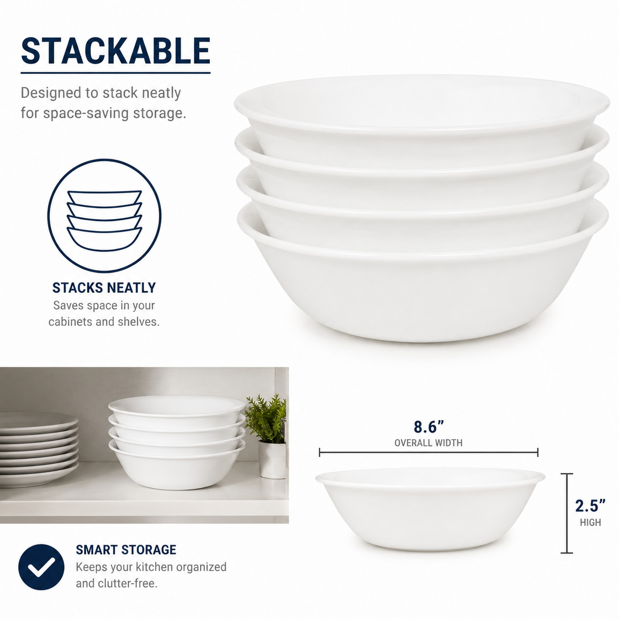 4pk- Corelle Vitrelle 1-Quart Serving Bowls Winter Frost White 8.5″ Round