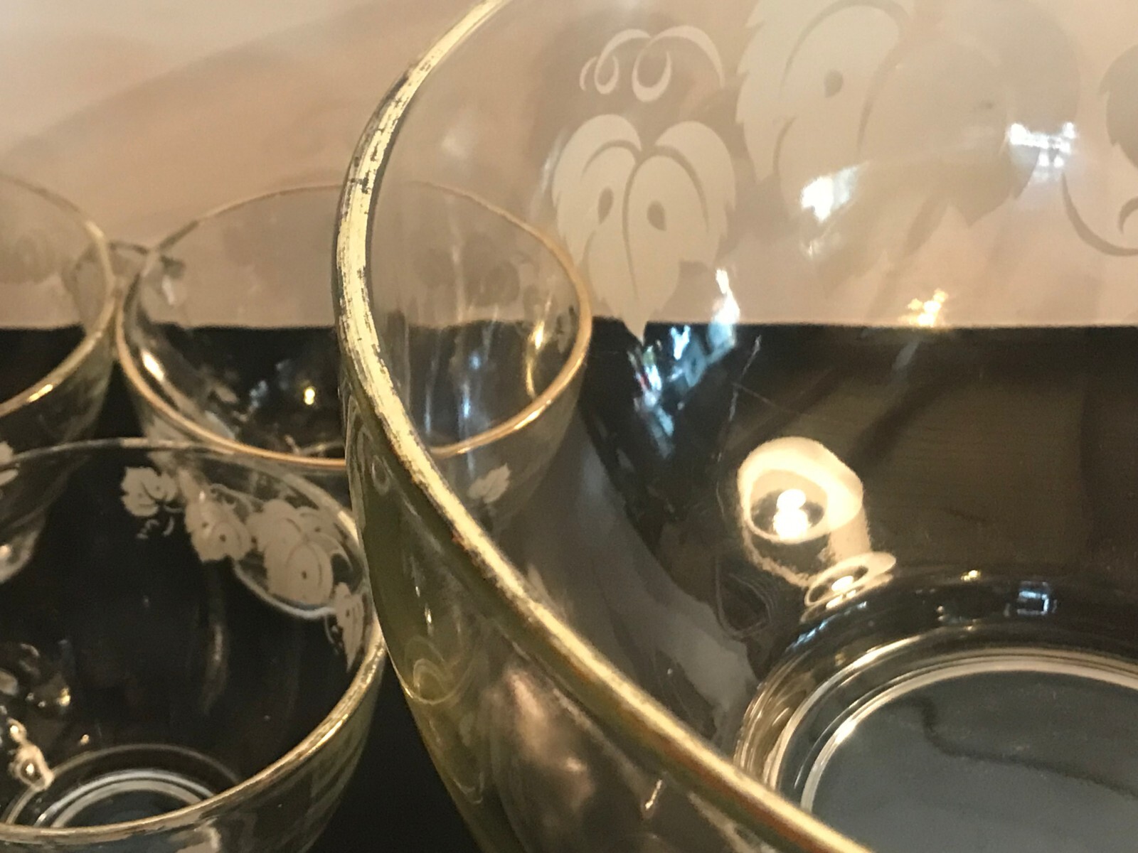 Vintage Glass Gooseberries Print Punch Bowl Set White Leaves with Gold Rim