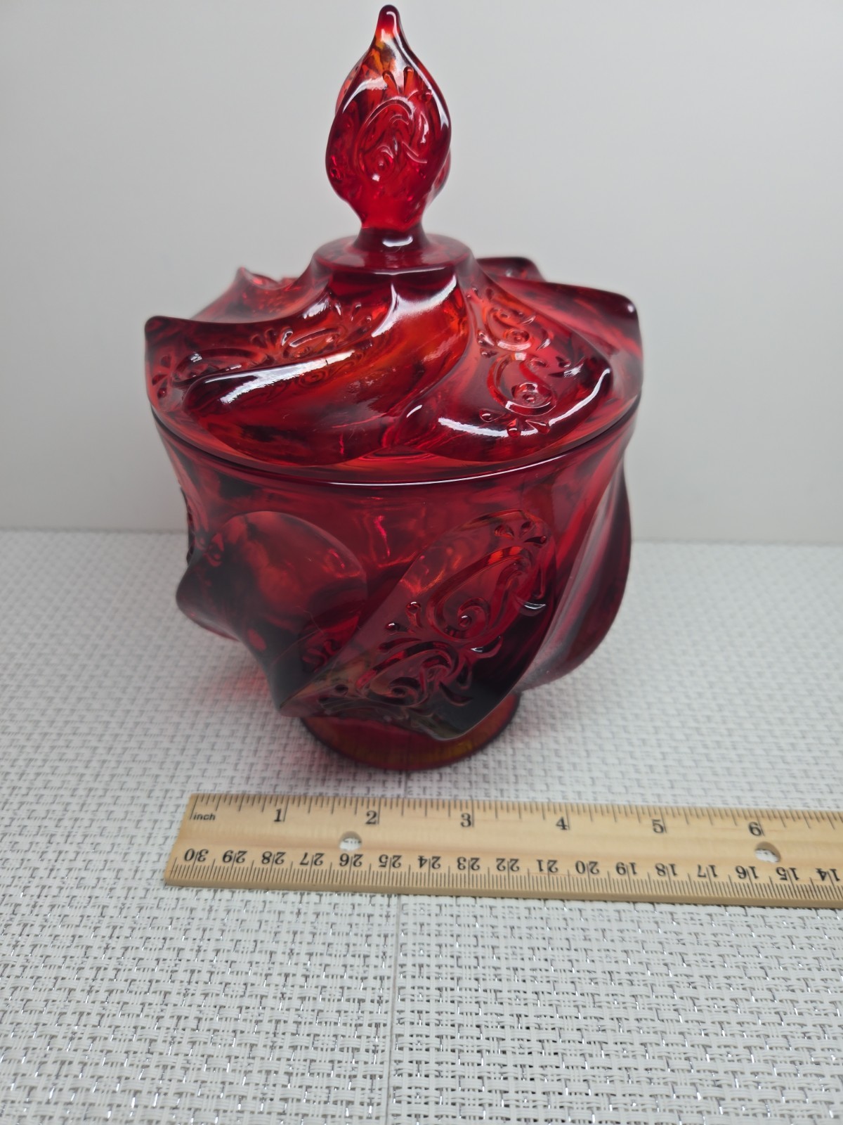 Vtg Fenton Ruby Red Amberina Glass Paisley Petal Covered Candy Dish w/Lid 7.5 in