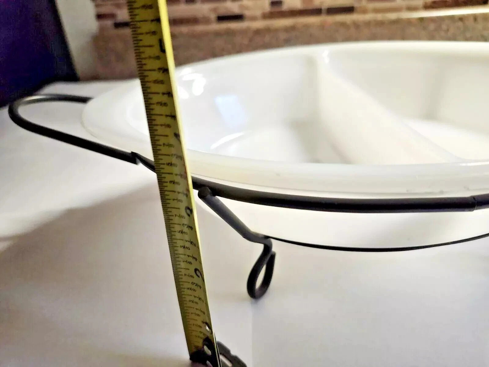 Vintage GLASBAKE J-239 WHITE Divided Oval CASSEROLE DISH & METAL SERVING STAND