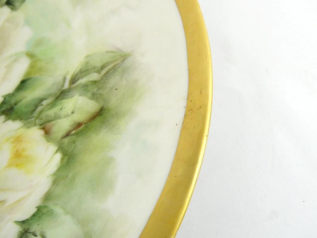 1970s Hand Painted Floral Porcelain 5 Pc Place Setting White Roses Signed VGOOD