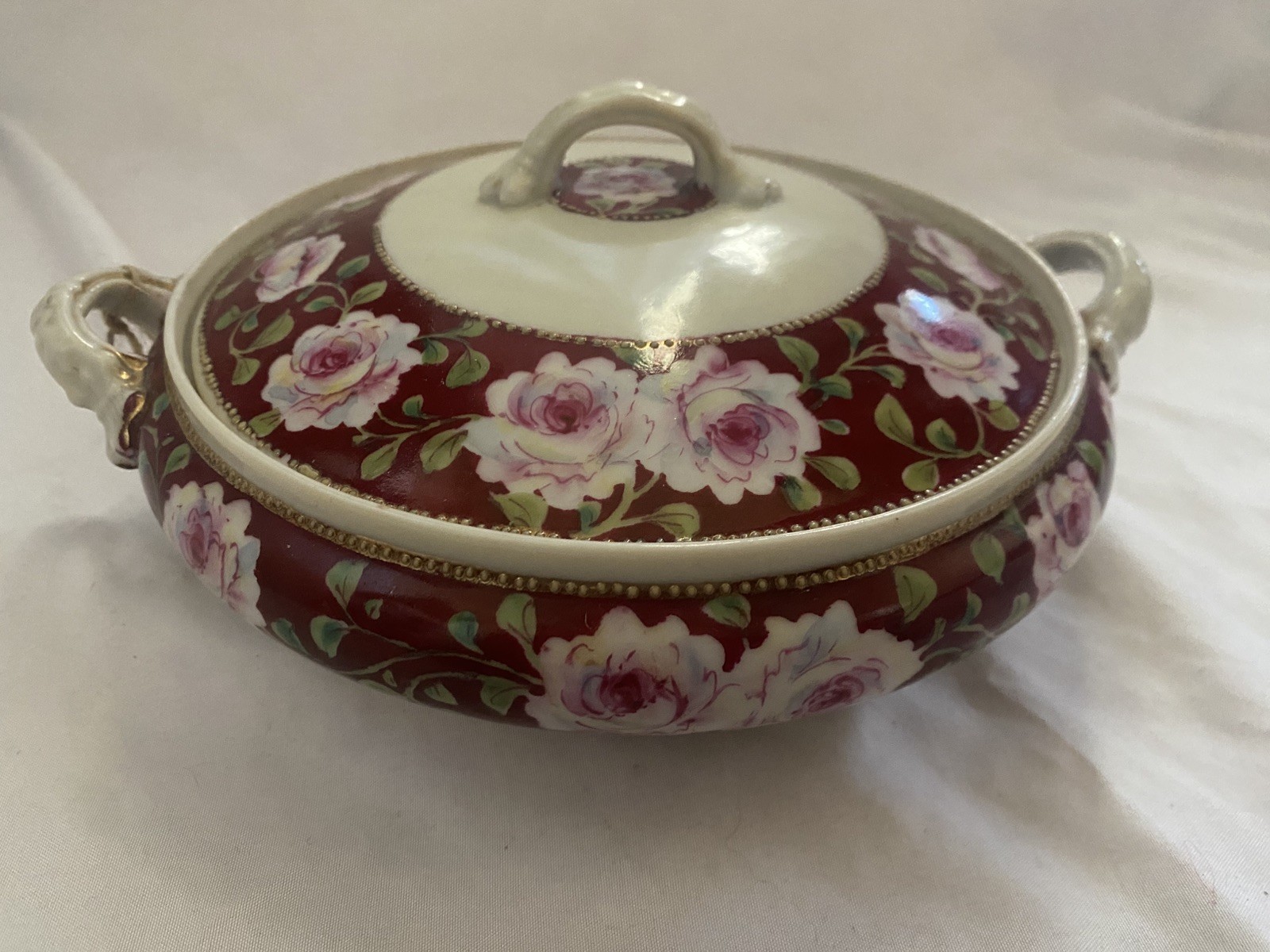 Antique Pink Cabbage Rose Applied Gold Red Pre-Nippon Bowl With Lid