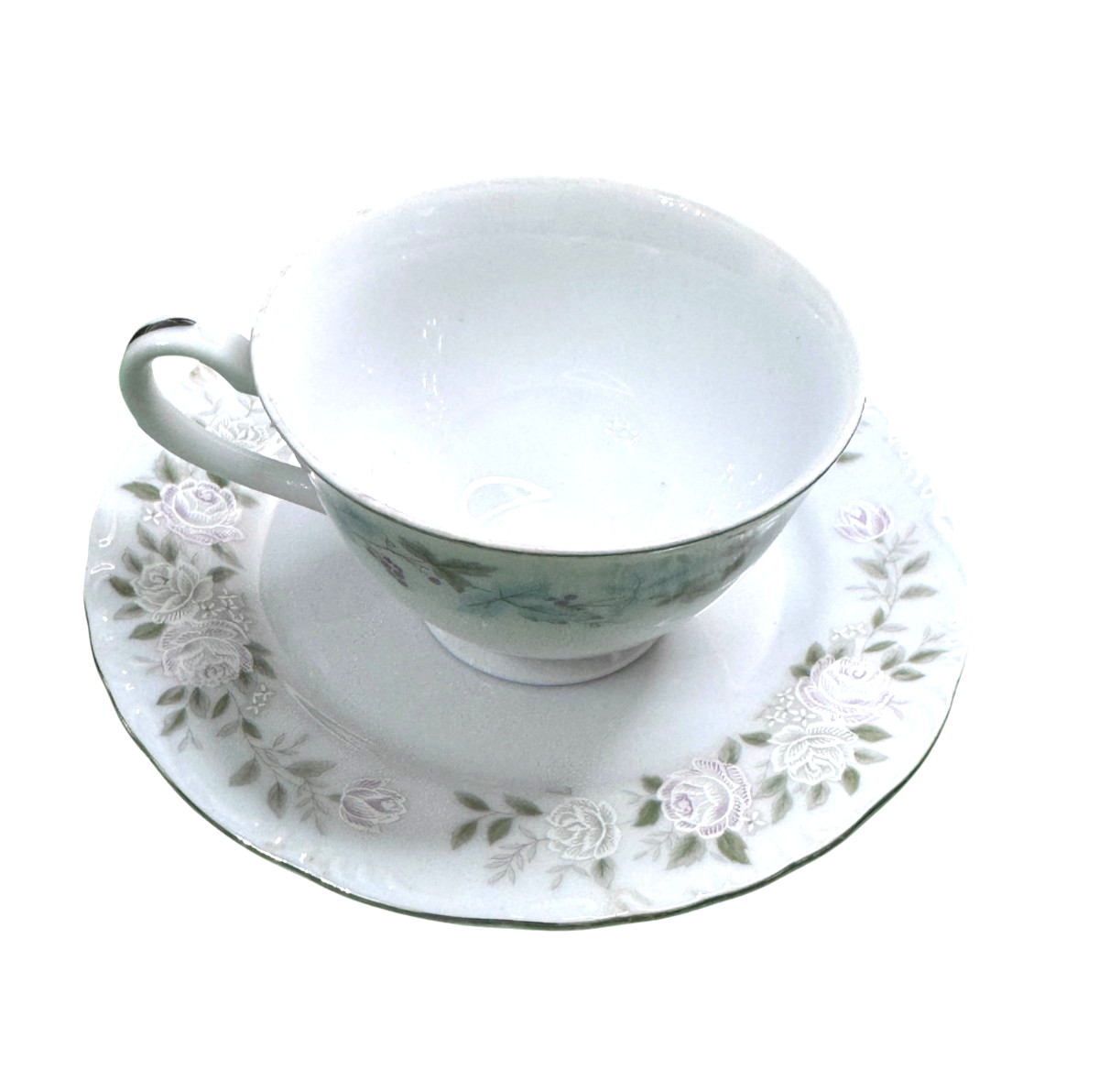 Vintage Fine China Japan Platinum Rose Footed Cup & Saucer Silver Trim