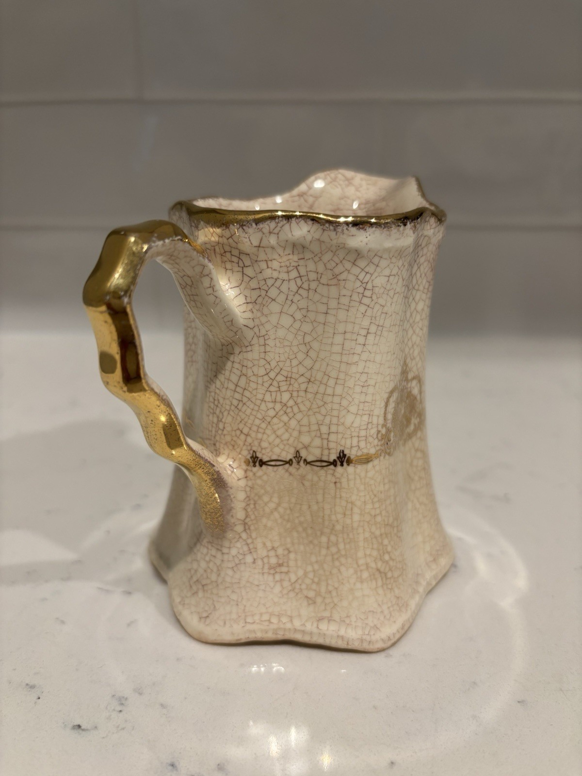 Antique White Ironstone Style Creamer Pitcher Stained Crazed Gold Transferware