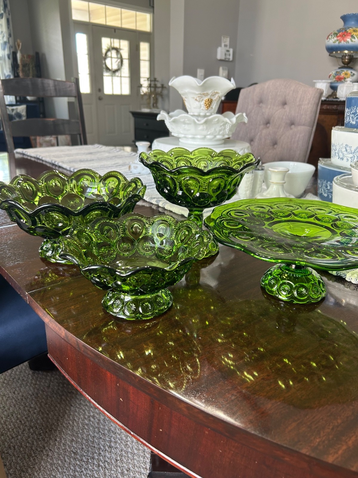 Vintage 4pc L.E. Smith Green Moon & Stars Set Cake Pedestal 2 Bowls 1 Compote