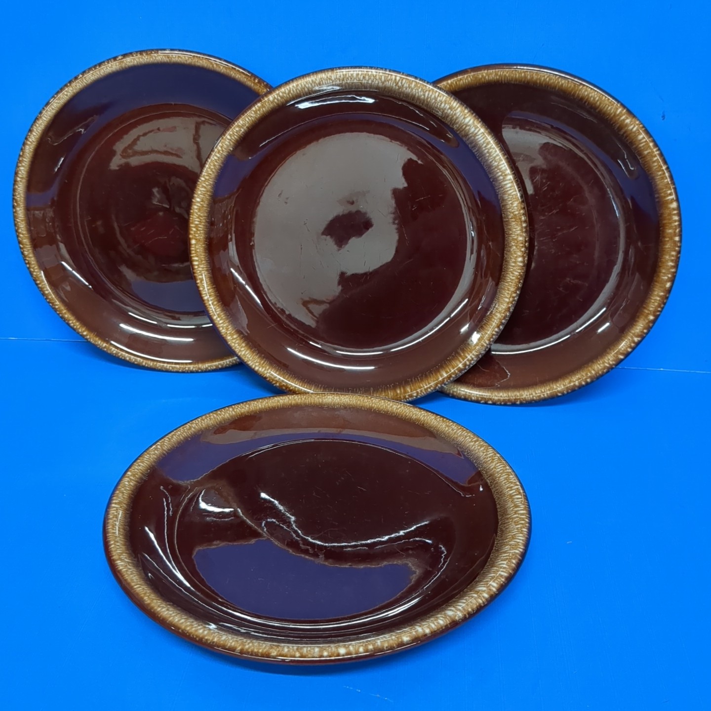 (4) USA Mid Century Modern Vintage Brown Drip Glazed 7.5″ Pottery Plates USA