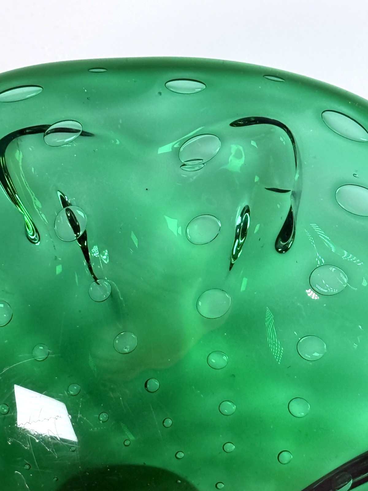 Hand Blown Controlled Bubble Dark Green Thick Glass Decor Bowl