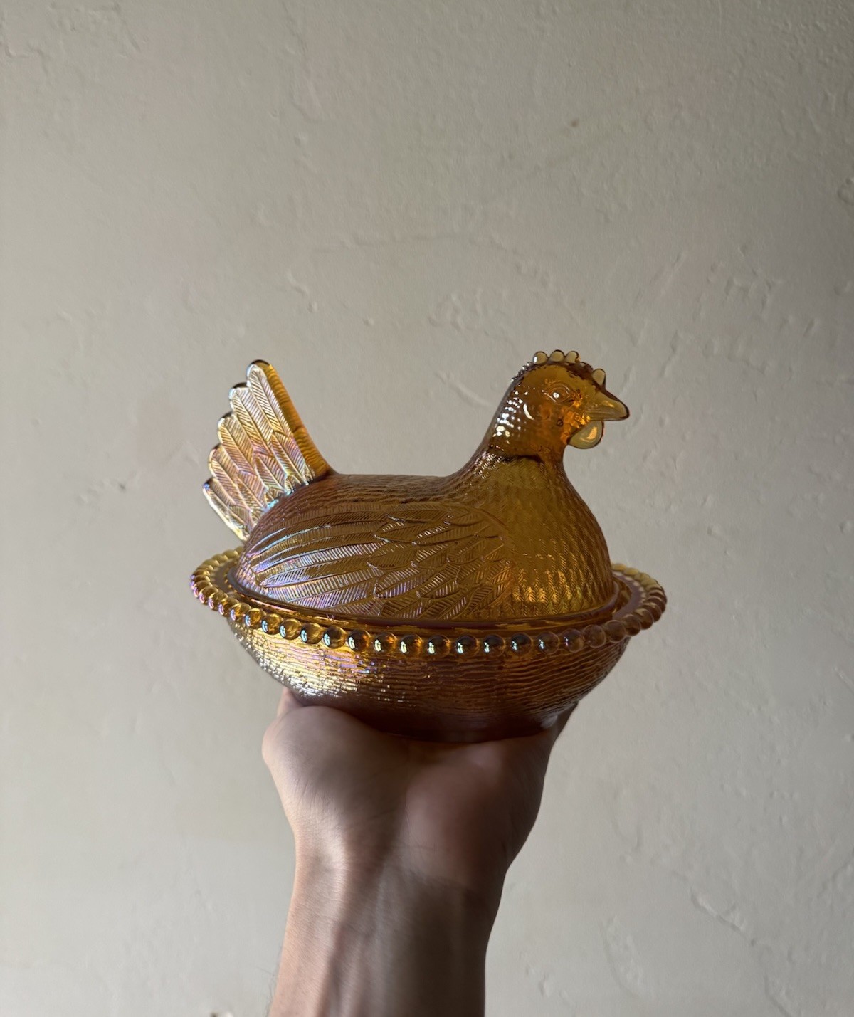 Vintage Indiana Glass Hen on Nest Iridescent Golden Amber Carnival Glass 7” READ