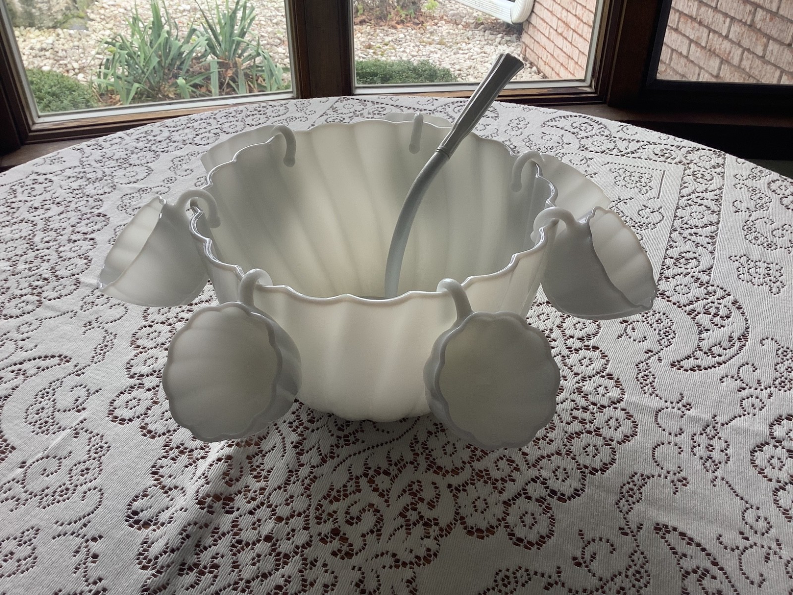 Vtg Hazel Atlas Milk Glass Alpine White Swirl Punch Bowl 12 Cups W Vtg Ladle