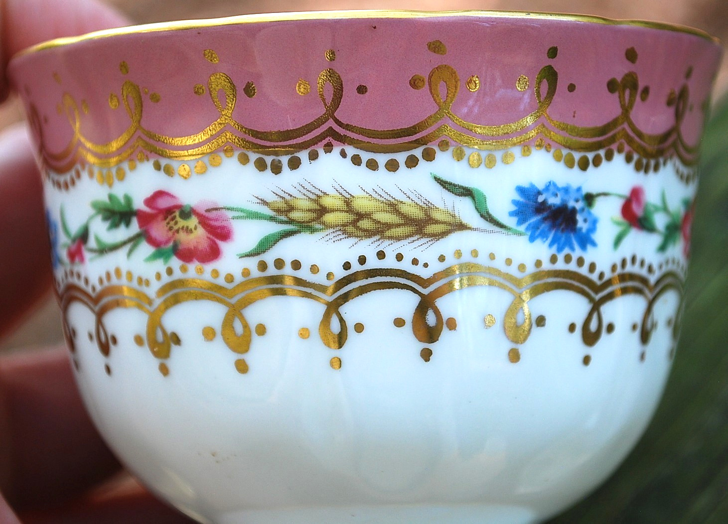 Vtg AYNSLEY ENGLAND Footed Teacup & Saucer HARVEST WHEAT/PINK FLORAL Bone China