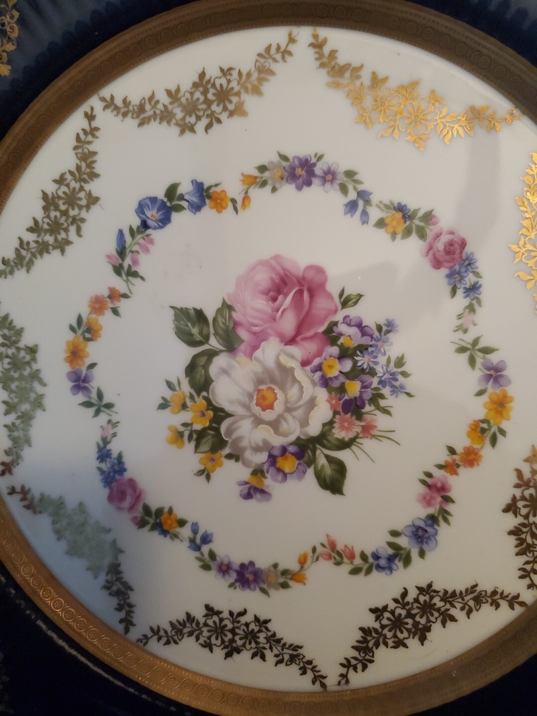 Rosenthal 10.25″ Dinner Plate Cobalt Blue Floral Laurels Roses Gold