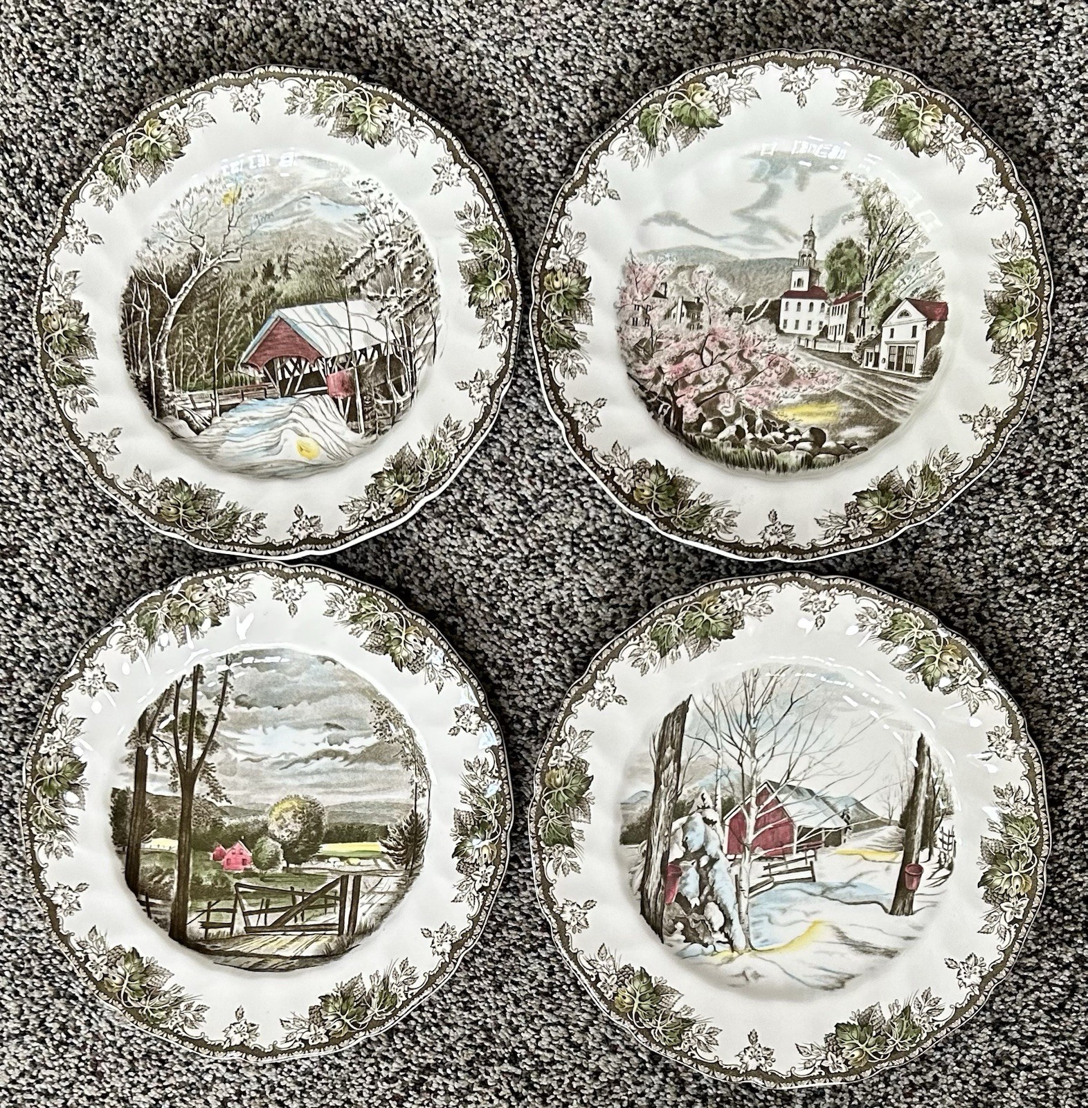 Vtg The Friendly Village 4 Plates Covered Bridge Hayfield Johnson Bros England