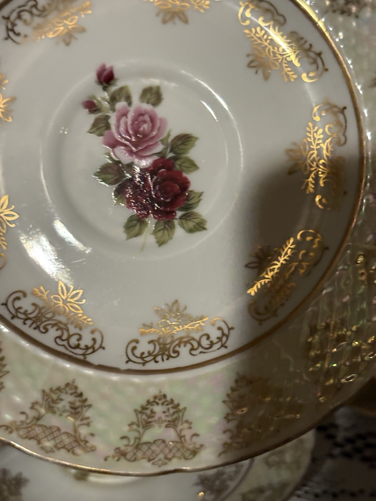 Yasui Porcelain 24KT Gold Plated Floral Cup & Saucer Set White Pink Green
