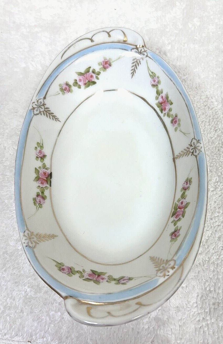 Antique Nippon Hand Painted Pink Rose Garland Oval Bowl Tab Handles Gold Details