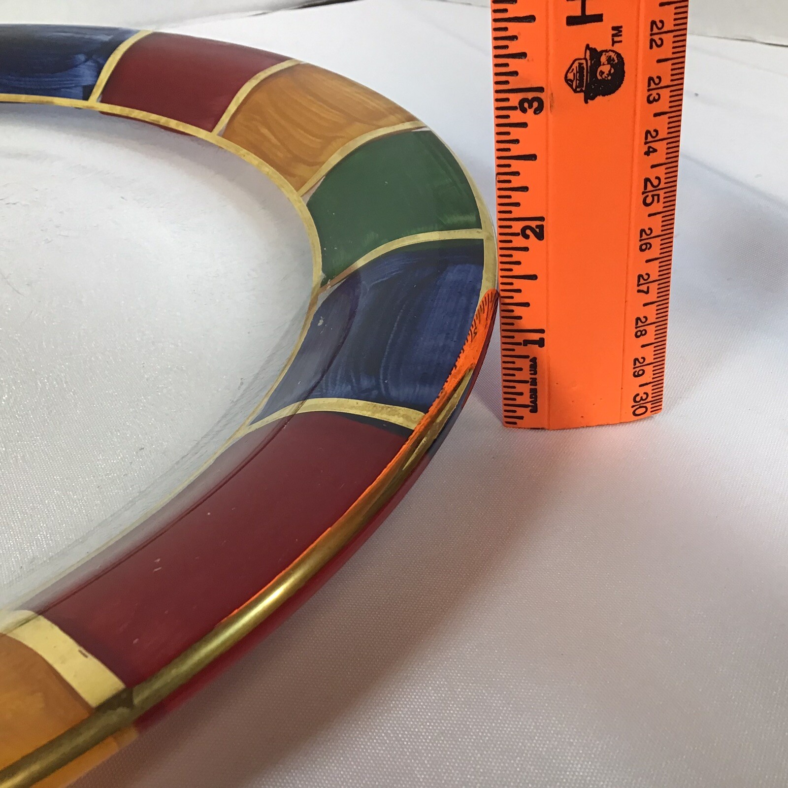 Italian Glass Round Serving Platter Low Bowl Hand Painted Geometric Edges 15”
