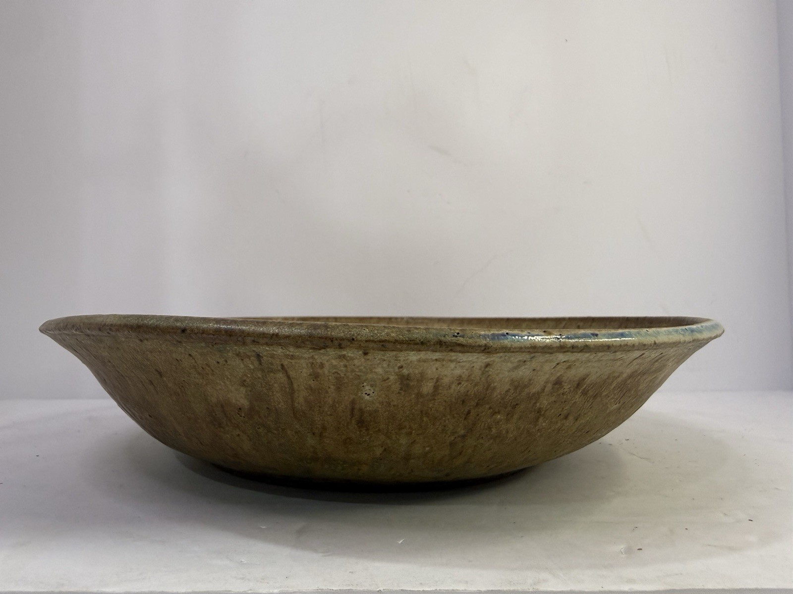 Signed Studio Pottery Serving Bowl Blue Drip Glaze 11” Handmade